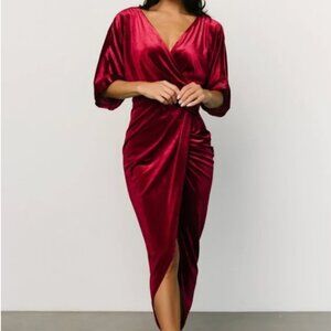 Baltic Born | Brendyn Ruched Velvet Dress Tulip Hem Wine Red | Size Medium
